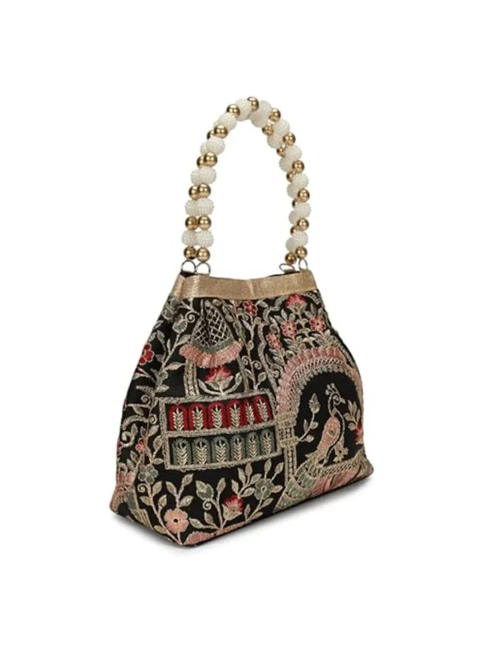Vintage Peacock Floral Embroidered Potli Bag with Pearl Beaded Handle, Evening